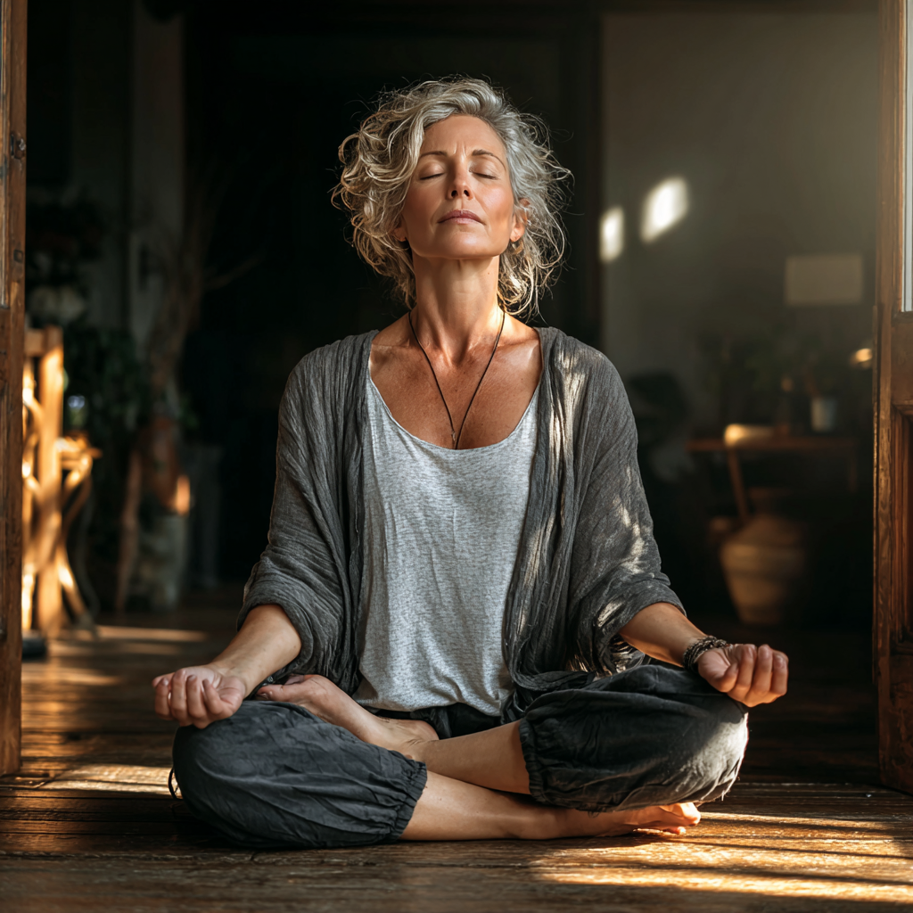 Middle-aged woman in peaceful yoga meditation pose on wooden floor, wearing comfortable gray clothing, surrounded by natural lighting in serene indoor setting