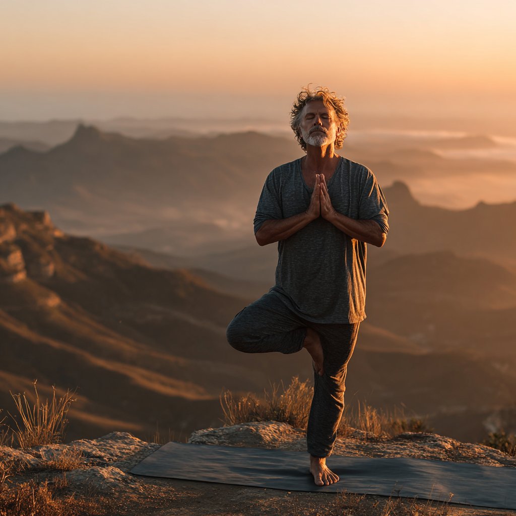 Peaceful middle-aged man in mountain pose during outdoor yoga session at sunrise, wearing comfortable athletic wear, standing on yoga mat with serene natural landscape background
